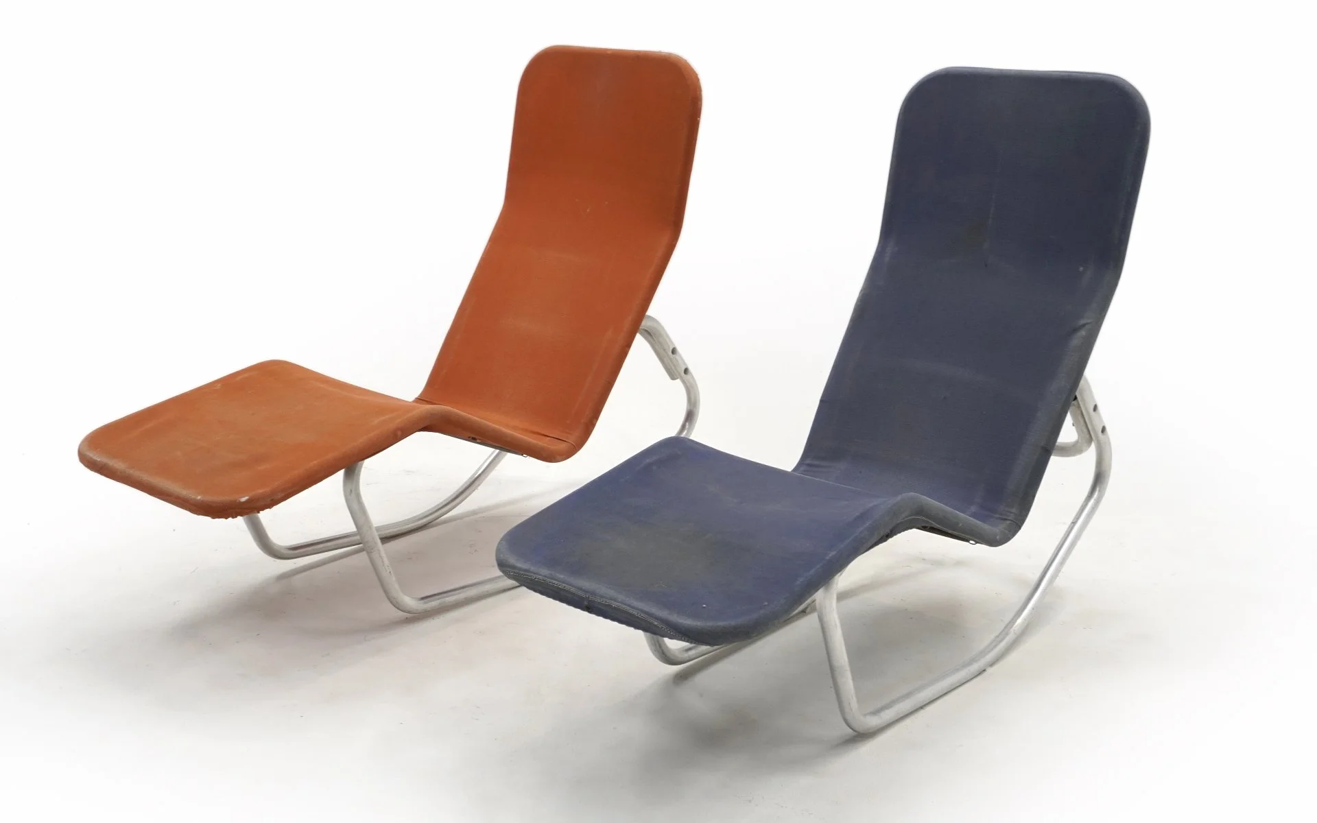 Pair Barwa Reclining Lounge Chairs in Blue and Orange Outdoor or Indoor Signed RETRO INFERNO